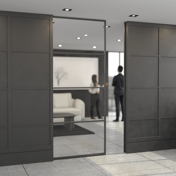 Modern Portman aluminium & glass pocket door installed in a contemporary interior, showcasing a stylish glass pocket door solution.