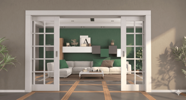 Modern glased sliding doors installed using pocket door kits to create a seamless open-plan living space.