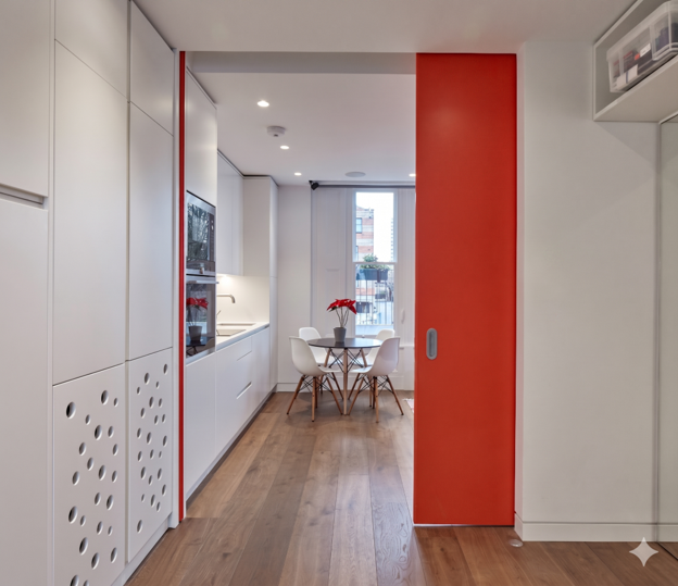 Tall sliding doors creating a sense of height and openness in a modern interior. 